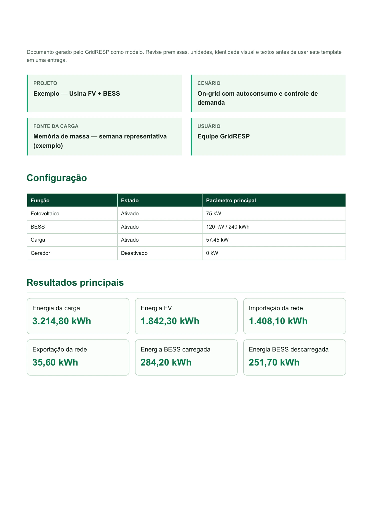 Página de relatório de simulação gerado pelo GridRESP, mostrando configuração e resultados de energia do projeto híbrido.