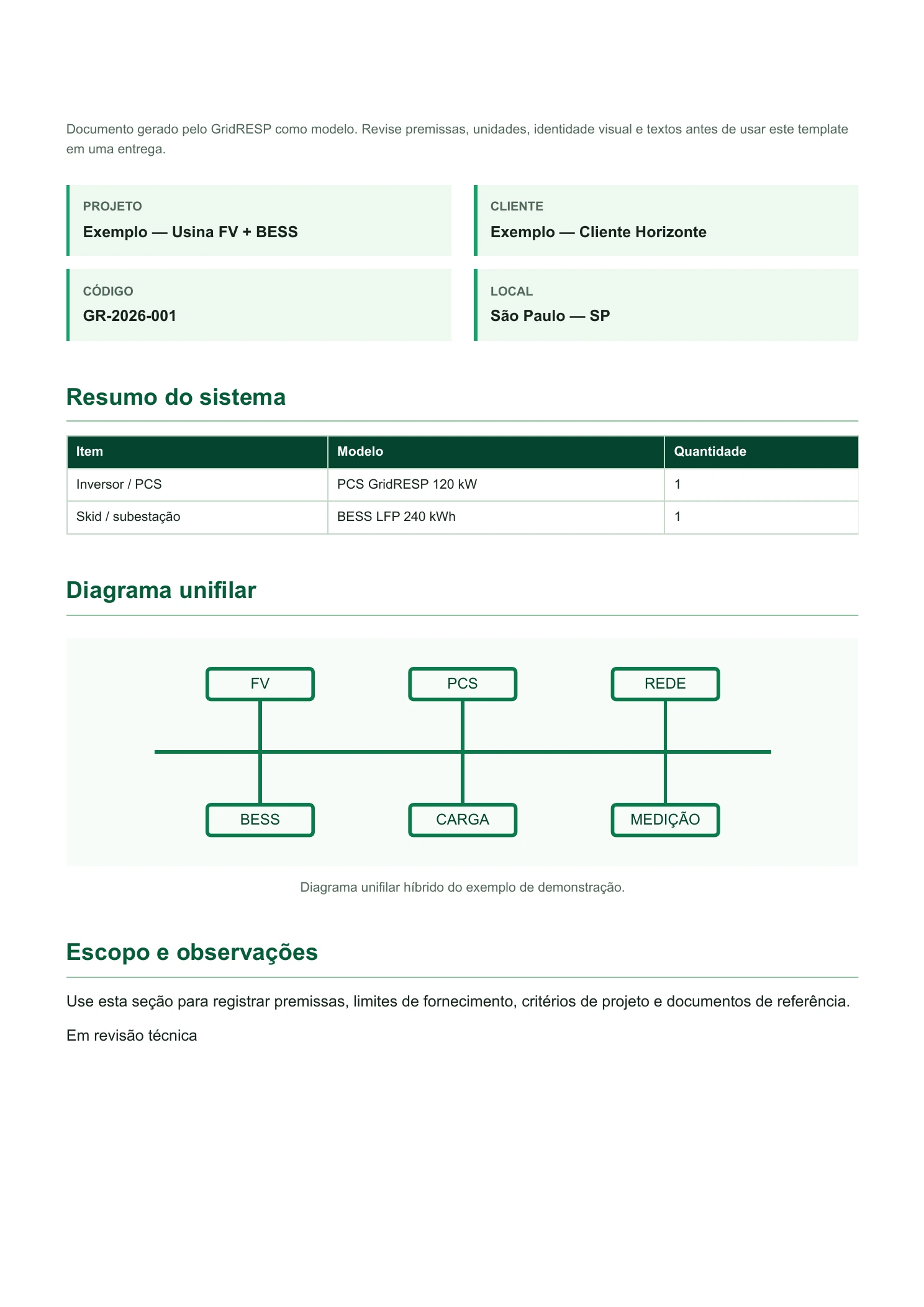 Página de proposta técnica gerada pelo GridRESP, com resumo do sistema, diagrama unifilar e escopo de um projeto híbrido fotovoltaico e BESS.
